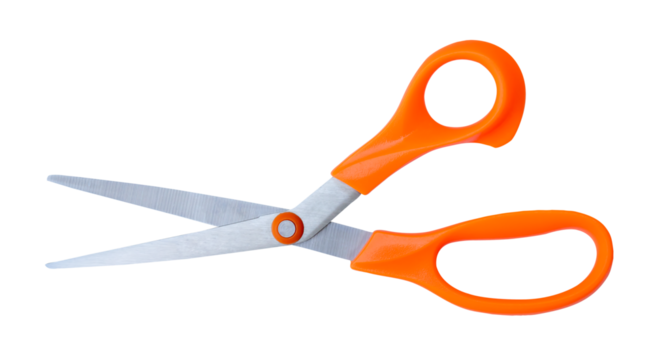 Medium open multipurpose scissors with orange handle in horizon isolated with clipping path in png file format