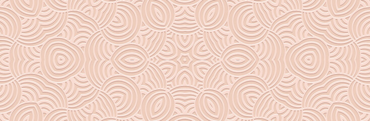 Banner, ethnic openwork cover design. Geometric glamorous 3D pattern, pink background, embossing, vintage. Embossed ornaments, arabesques of the East, Asia, India, Mexico, Aztec, Peru.