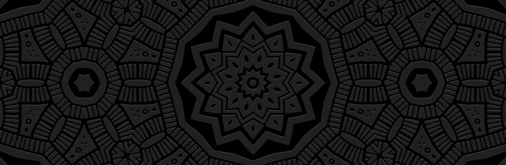 Banner, ethnic exotic cover design. Geometric floral 3D pattern, black background, embossing, vintage. Embossed ornaments, arabesques of the East, Asia, India, Mexico, Aztec, Peru.