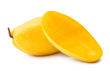 Single ripe yellow mango with half and water drops in stack isolated on white background with clipping path