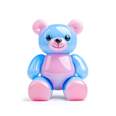 Obraz premium Plastic iridescent pink and blue bear toy with reflective accents isolated on white background