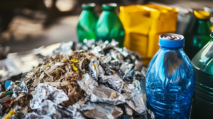 Obraz premium of crushed aluminum cans, shredded paper, and stacked plastic bottles, showcasing the different types of recyclable materials commonly processed in recycling centers 