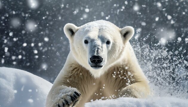 Polar bear playing in the snow with snowflakes falling in the isolated hyper-realistic background