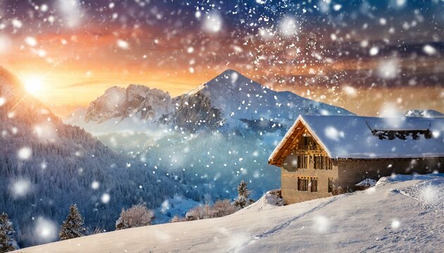 Winter background of snowy building and flakes falling in the mountain with sunset