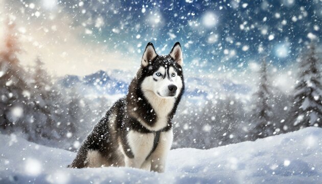 Husky dog guarding in the snow with snow flakes falling in the isolated hyper realistic background