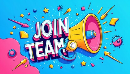 Pixel Art Join Team Announcement With Megaphone On Bright Blue Background