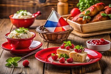 Savor Czech Republic's flag: red, white, and blue-inspired dishes. Delicious food photography showcases national pride.