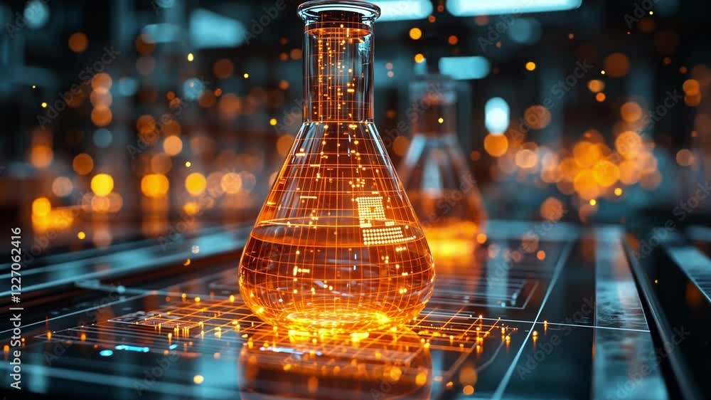 Poster a glowing laboratory flask with digital data visualizations during a scientific experiment