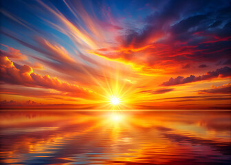 Naklejka premium Stunning Sunset Over Calm Water. Dramatic Sky and Golden Hour