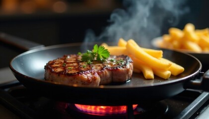 Fototapeta premium Sizzling pan with steak and fries on the stove, cooking, steak