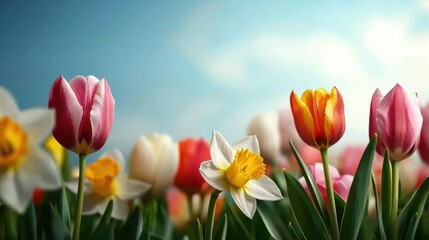 Fototapeta premium Spring Equinox day concept. Colorful Tulips and Daffodils Blooming in a Scenic Spring Meadow