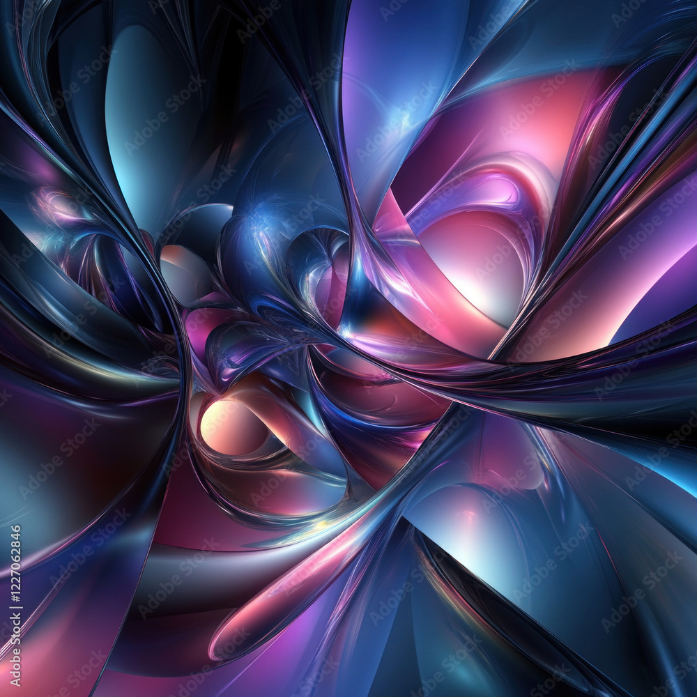 Poster an abstract digital composition with smooth, glass or metal curves that create a sense of movement a