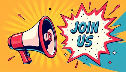 Pixel Art Megaphone Announcing Join Us with Vibrant Burst and Yellow Background