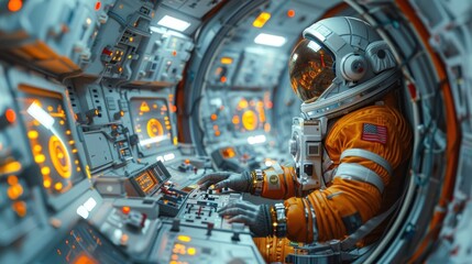 Astronaut in an Orange Spacesuit on the Background of the Spaceship