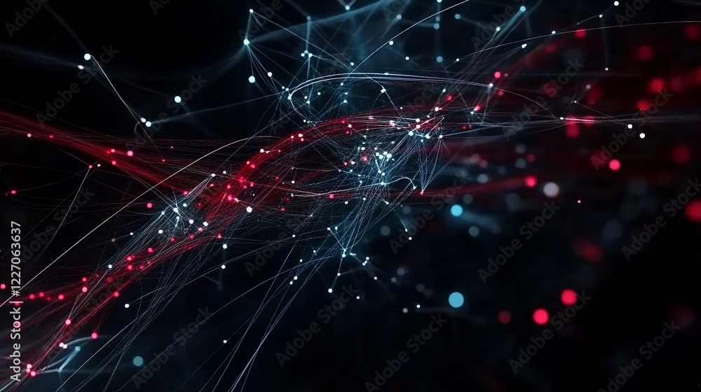 Poster abstract network connection of red and blue glowing particles in motion on black background