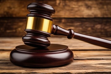 Obraz premium A wooden gavel resting on a round base against a rustic wooden background.