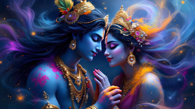 Hindu Mythology Lord Krishna and Goddess Radha on Holi background Splashing Colors Background For Happy Holi Celebration Concept.