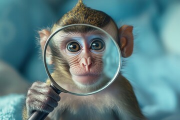 A curious monkey looking through a magnifying glass with a playful expression.