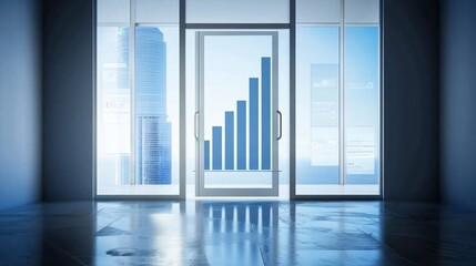 Obraz premium Modern Office with a Graph on a Glass Door and City View Beyond the Windows