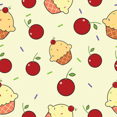 cupcake and cherry fruit illustration on yellow background .