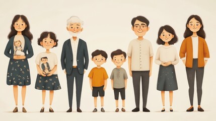 A charming family portrait illustration featuring three generations depicted with a warm and inviting style on a light neutral backdrop