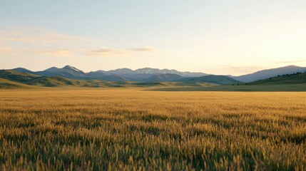 Spring Equinox day concept. Peaceful Golden Sunlight over a Scenic Countryside Meadow with Mountains in the Background