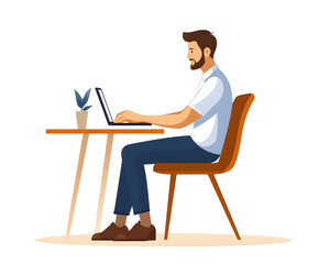 A young man in casual wear working on a laptop in a café, collaborating on a business project via video call.


