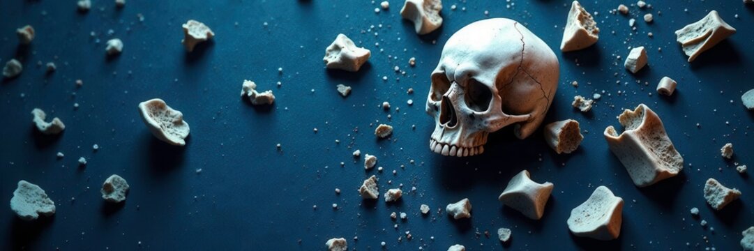 Skull bone fragments scattered on a blue background, mysterious, dark, bones