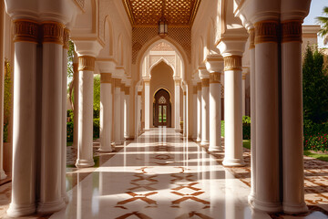 Fototapeta premium Stunning moroccan architectural colonnade with intricate arches and sunlit patterns