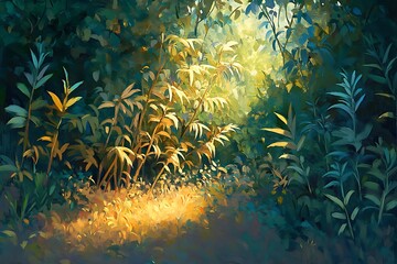 Obraz premium Bright Jungle Meadow with Sunlight Highlighting the Greenery