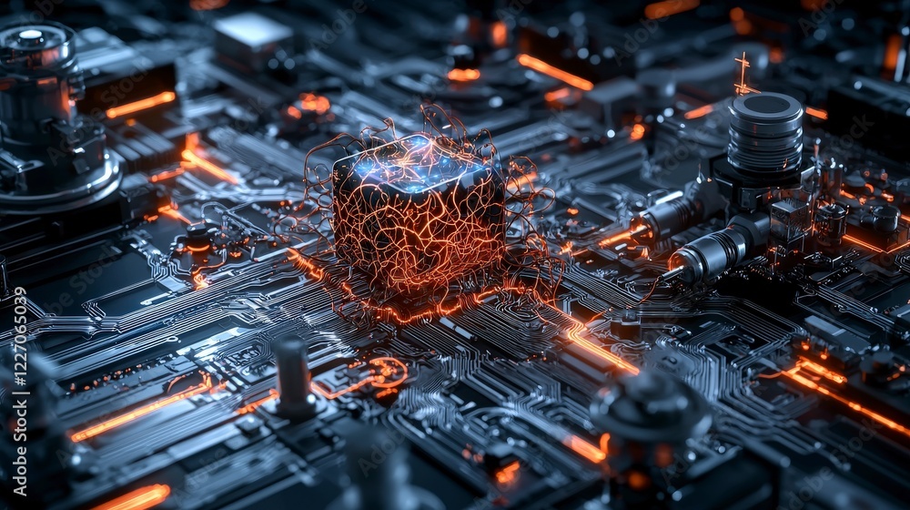Fototapete Futuristic dynamic holographic neural network visualization in a digital art lab technology concept close-up