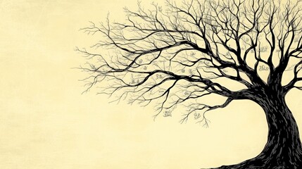Obraz premium A solitary black tree with intricate branches against a muted, pale yellow background, evoking a sense of calm and introspection