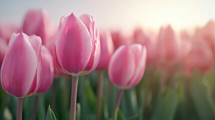 Fototapeta premium Spring Equinox day concept. Vibrant Pink Tulips in a Blooming Spring Meadow with Golden Sunlight