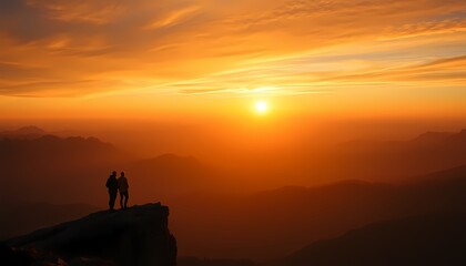 A breathtaking sunset over a vast mountain landscape with two silhouetted figures standing on the edge of a cliff. The sky is filled with warm orange and yellow hues, casting a golden light on the su