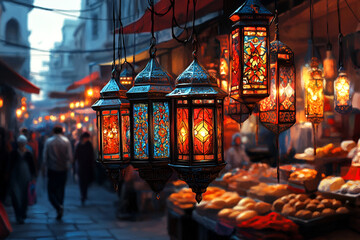 Obraz premium Intricate moroccan lanterns illuminating bustling market street at dusk