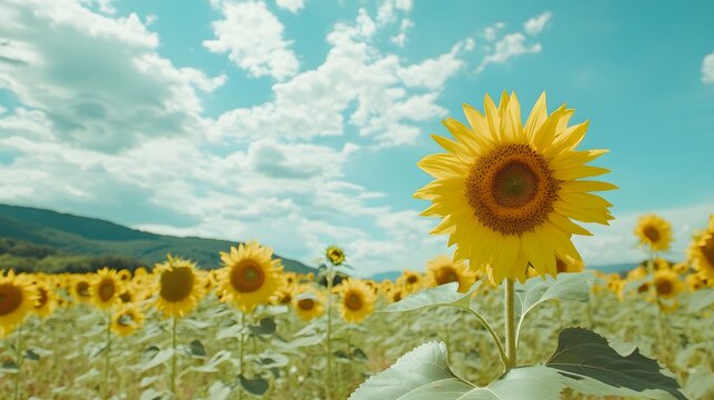 Vibrant sunflower field under blue sky, cheerful yellow flowers stretching towards the sun, perfect for nature themes.