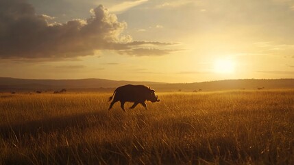 Warthog silhouette at sunset in a golden African savanna landscape scene