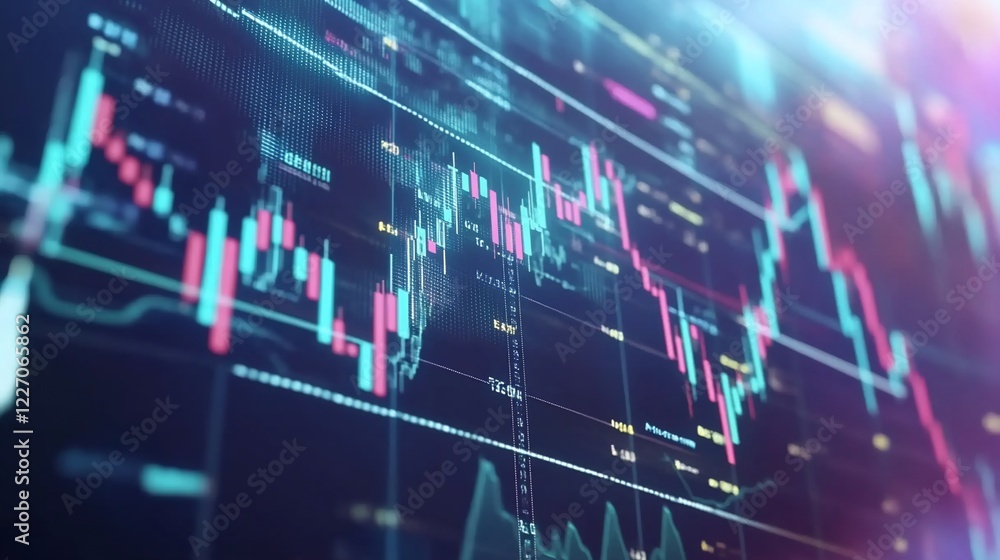 Poster abstract digital display of financial data and market analysis with technical indicators