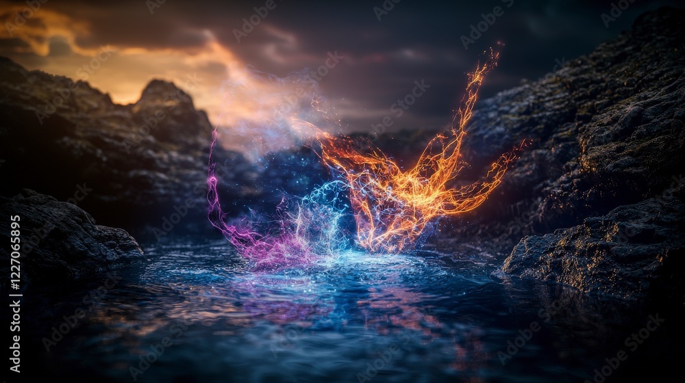 Poster dynamic energy transformation in a serene coastal landscape visual art abstract concept vivid colors