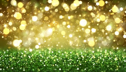 Fototapeta premium Sparkling Green Glitter Background with Festive Gold Bokeh Lights, Holiday or Celebration Backdrop.