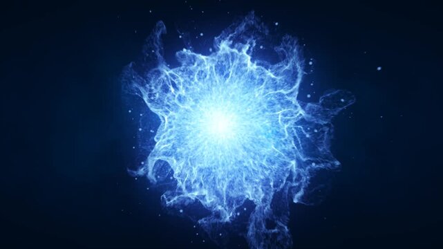 A dynamic burst of electric blue energy sphere radiating from a central point against a dark background, representing power and motion background, video in high quality 4k, motion design
