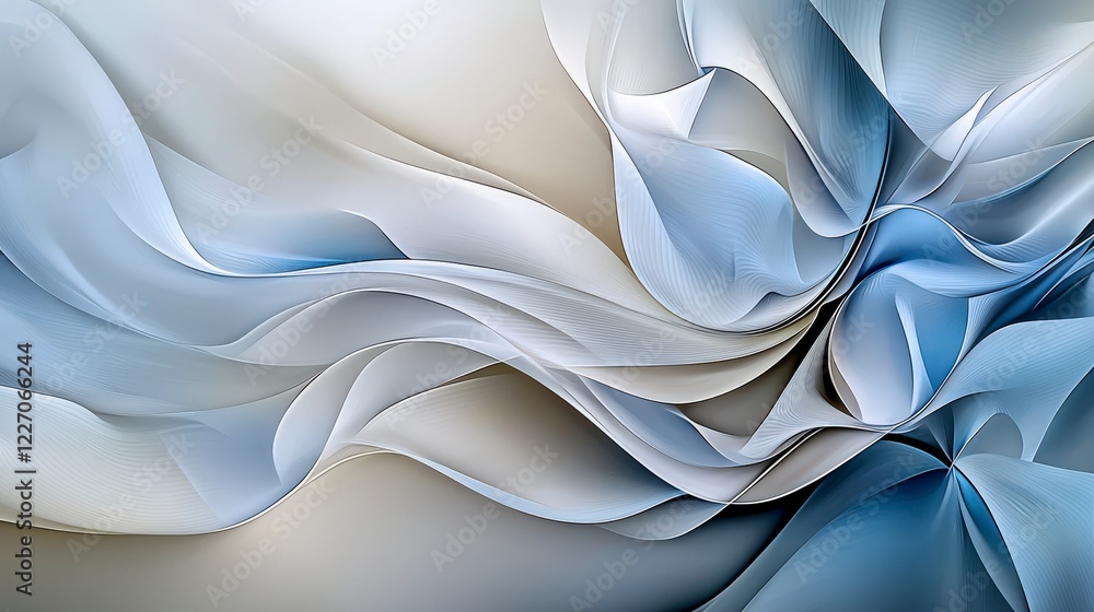 Poster flowing curves of soft blues and grays digital art modern design abstract style close-up view minima