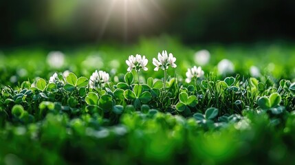 White clover flowers in green field, sunlit, nature background, springtime freshness