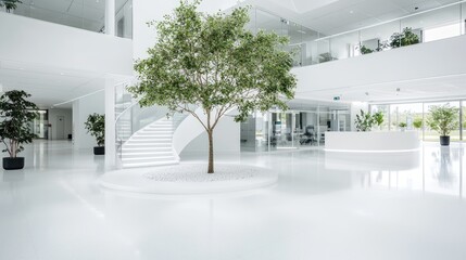 Fototapeta premium Modern office lobby with tree, stairs, and reception desk