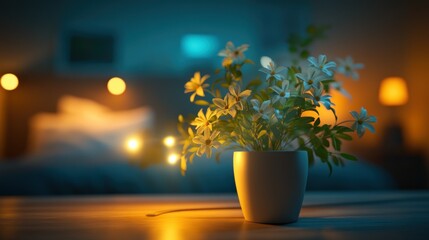 Night bedroom, flowers, table, soft light, calm