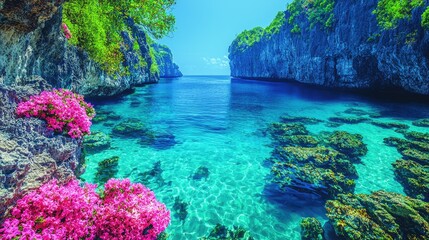 Naklejka premium Vibrant Tropical Cove with Crystal Clear Water and Pink Flowers