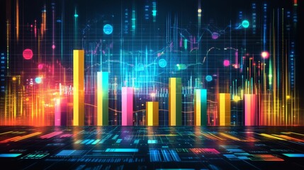 Abstract Data Visualization, Vibrant Bar Graph, Line Chart On Dark Backdrop, Modern Technology