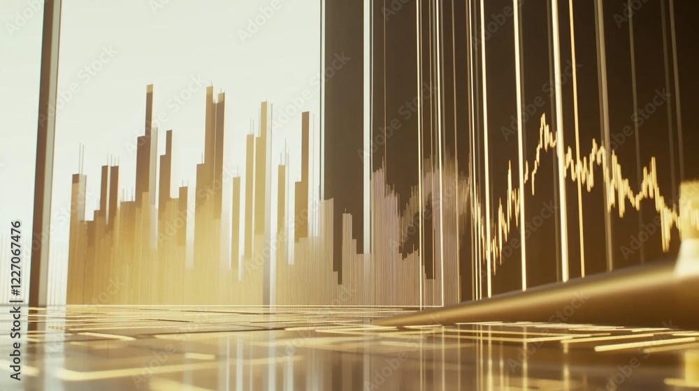 Poster abstract gold lined rendering of a city skyline and a fluctuating graph