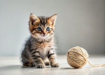 Obraz premium Tiny kitten, playful paws batting a yarn ball, minimalist studio shot. Pure cozy cuteness.