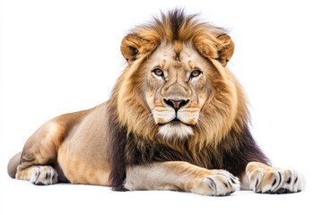 Fototapeta premium Majestic male lion resting, intense gaze.